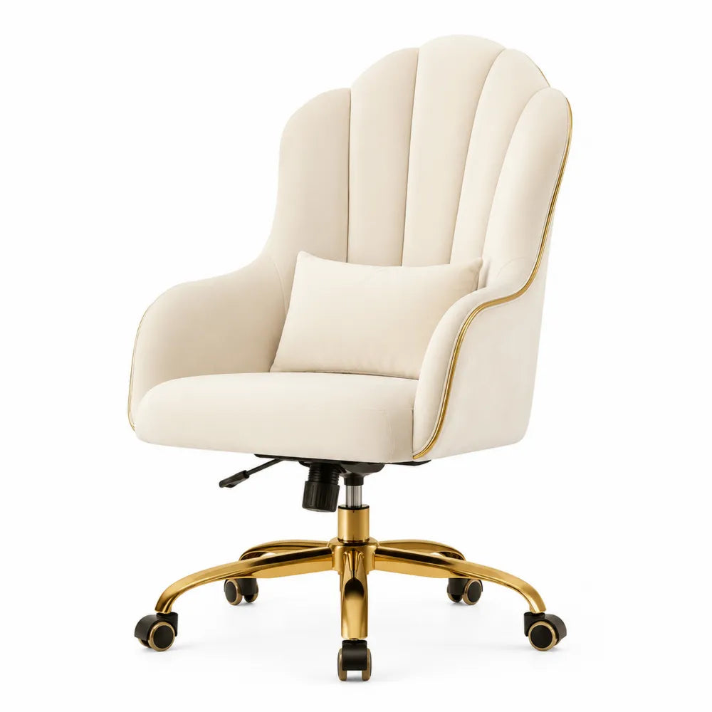 Sedia da Ufficio in Velluto Beige con Base in Metallo Oro