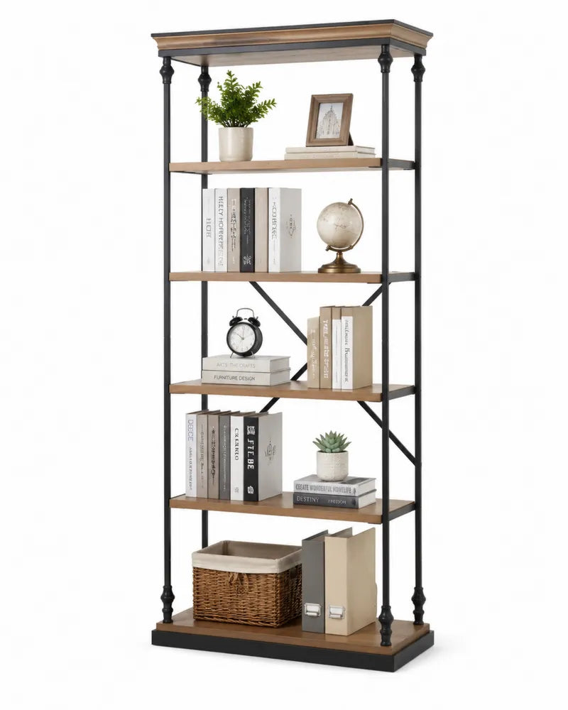 Scaffale a 5 Ripiani in Legno e Metallo Nero