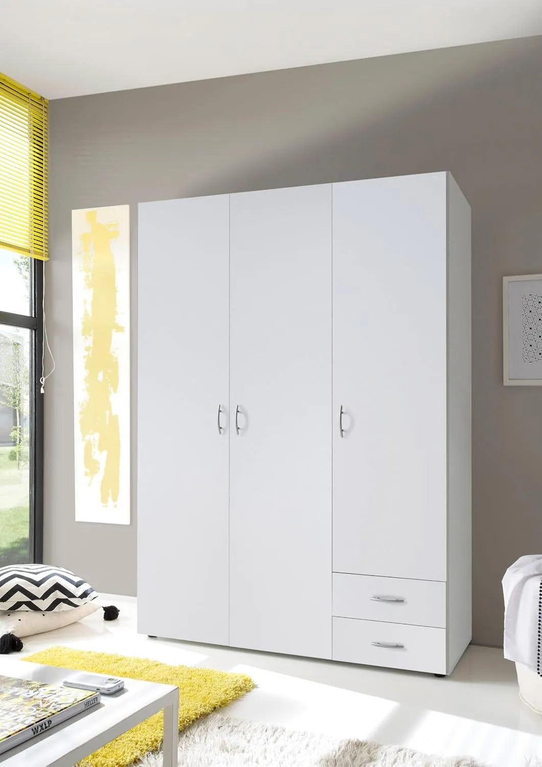 Armadio: con cassetti, con armadio, 3 Ante, 2 Cassetti, 121 × 177 × 51 cm, bianco
