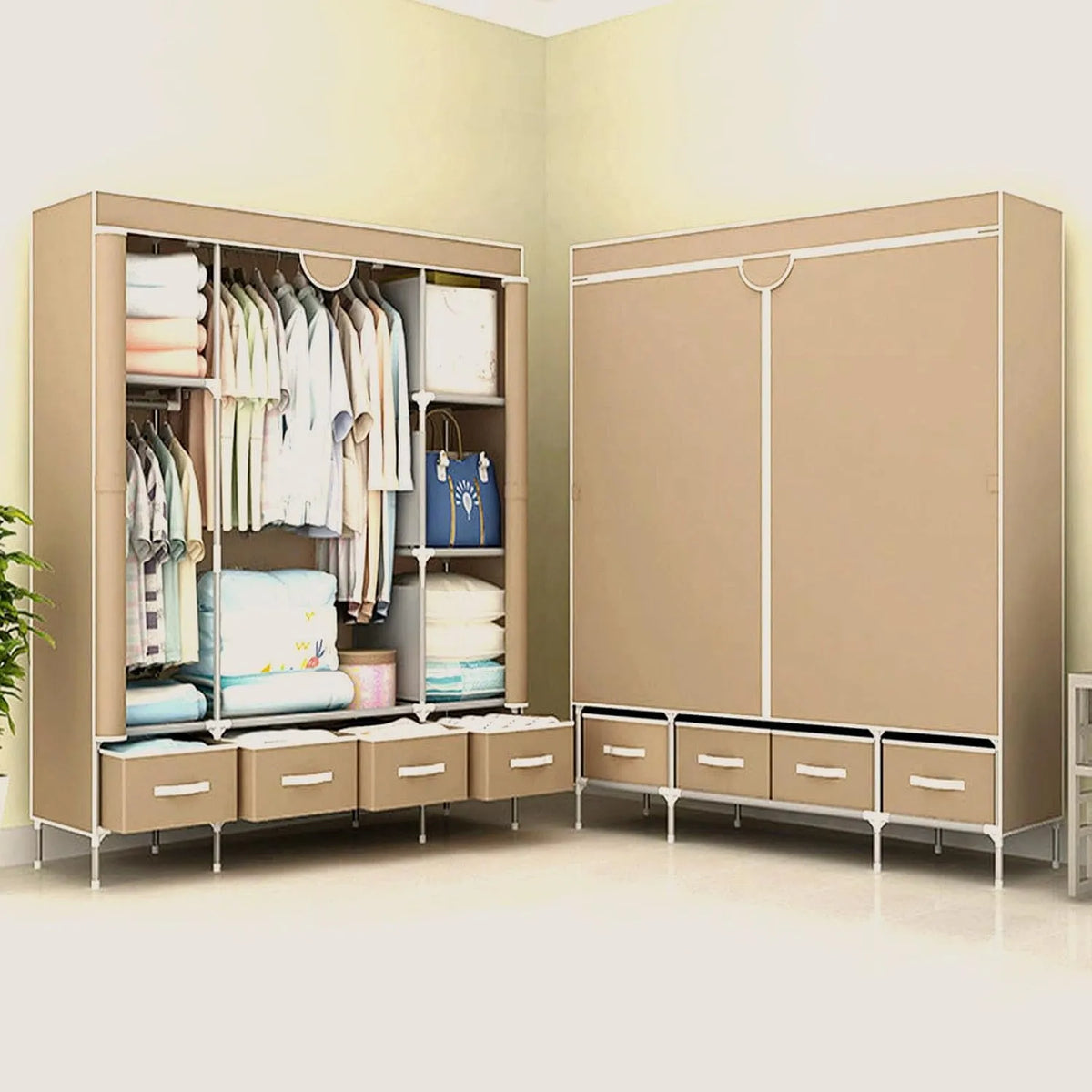 Armadio: rivestimento in tessuto, con cassetti, con asta appendiabiti, con ripiani, 4 cassetti, 150 × 45 × 170 cm