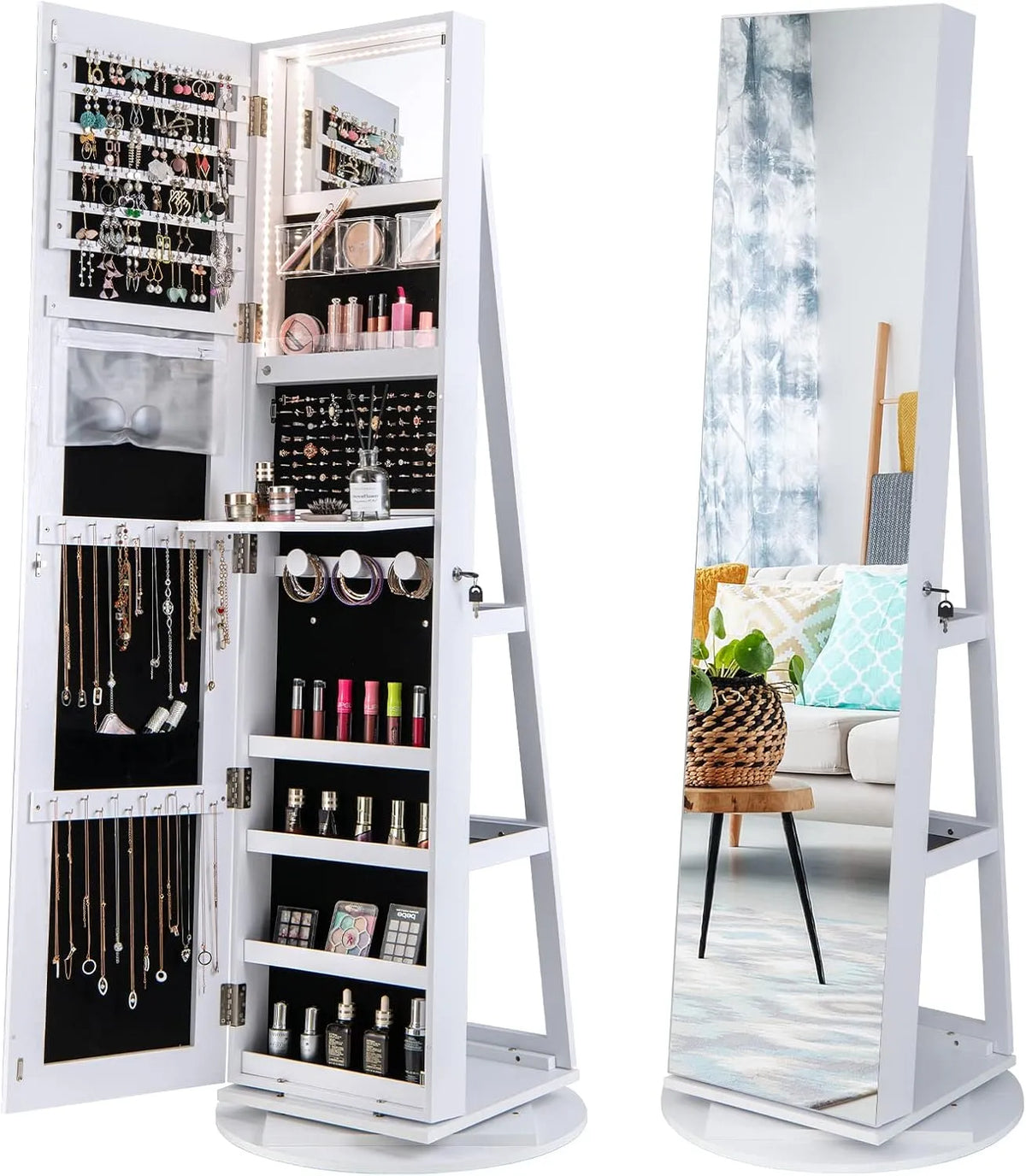 COSTWAY Armadio — da terra, con serratura, con ripiani, girevole, bianco, con illuminazione LED