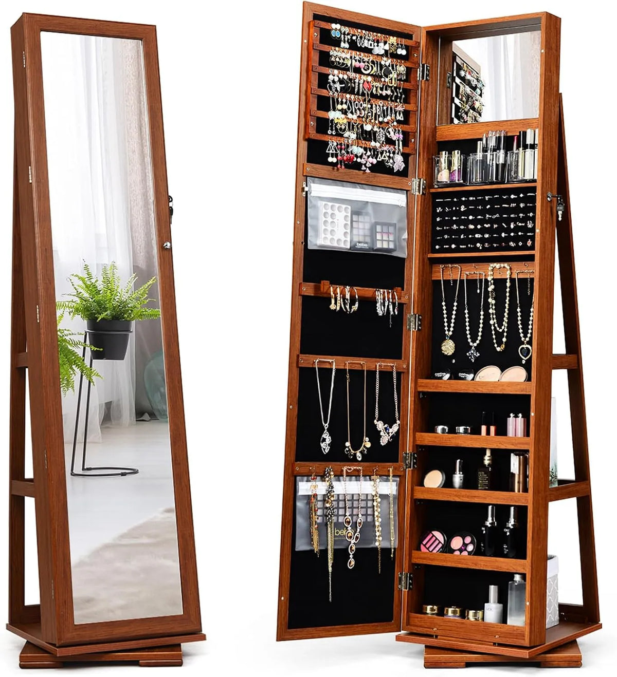 COSTWAY Armadietto Portagioielli Autoportante Girevole con Specchio: da terra, 39 × 39 × 161 cm, marrone