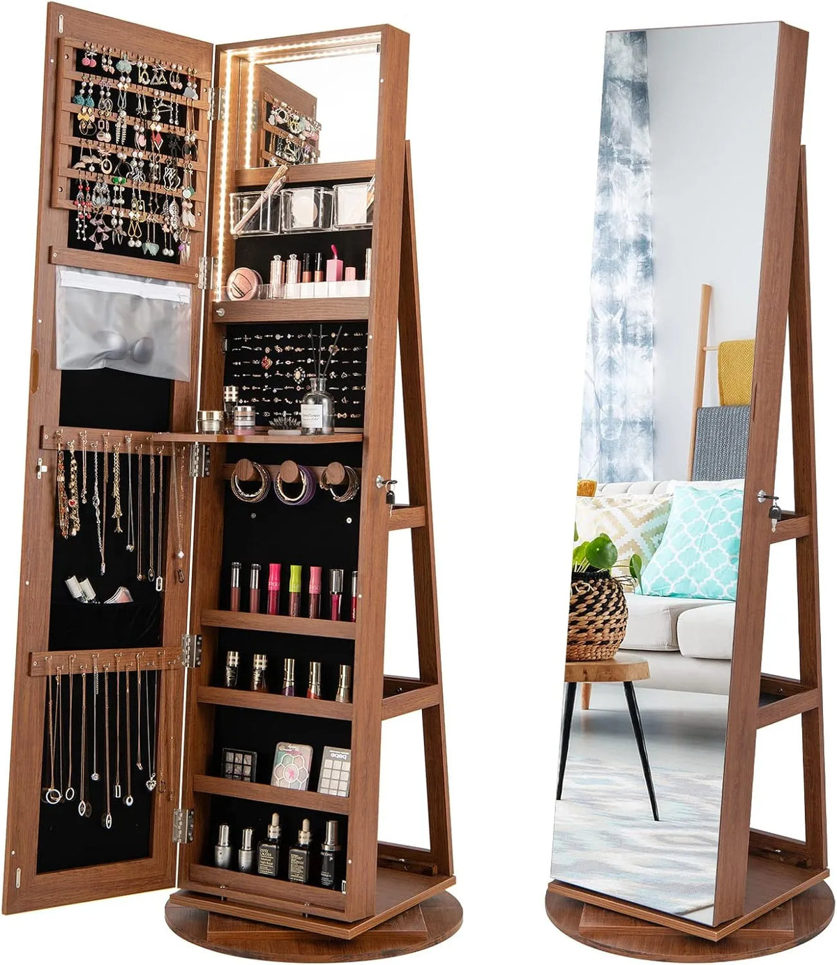 COSTWAY Armadio — da terra, con serratura, con ripiani, girevole, marrone, con illuminazione LED