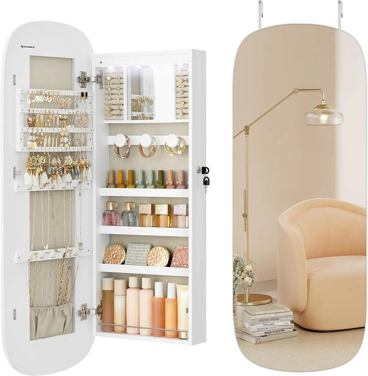 SONGMICS JJC026W01 Armadietto Portagioie da Parete – con ripiani, display LED, bianco