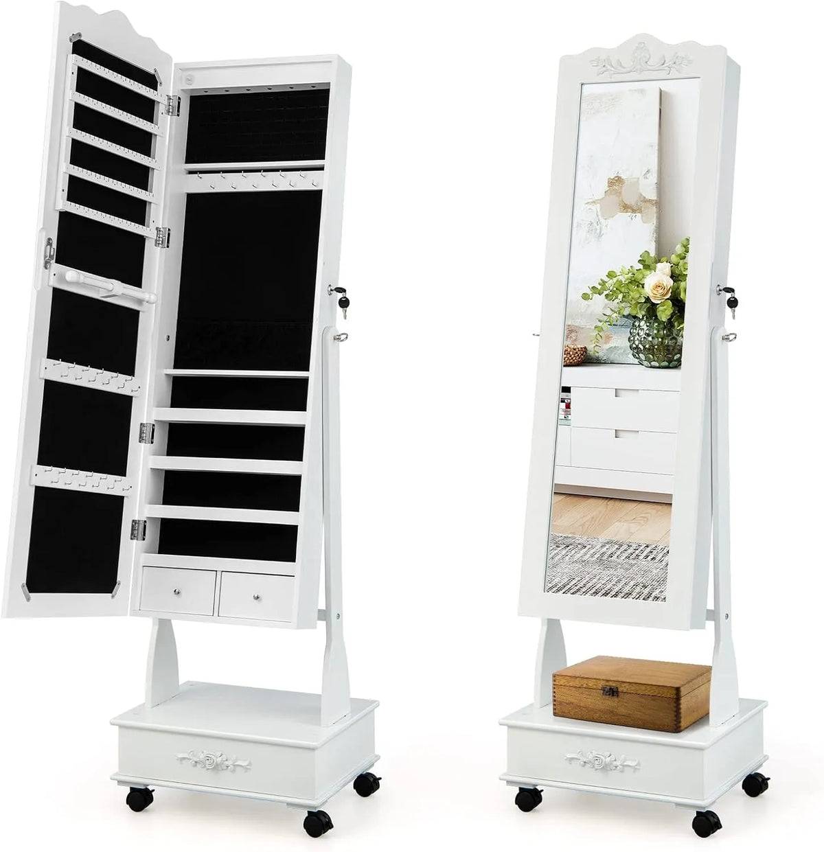 COSTWAY Armadio — da terra, regolabile, display LED, con ruote, 45 × 35 × 157 cm, bianco, con cassetti
