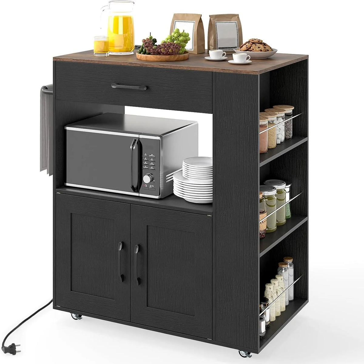 COSTWAY Carrello da Cucina con Ruote: 2 Porte, 82 × 46 × 92 cm, nero, con cassetti