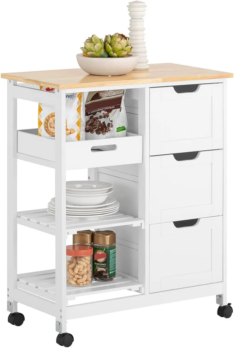 SoBuy Carrello Cucina con 3 Cassetti e 1 Cestino — P38, L68, con cassetti, con ruote, bianco