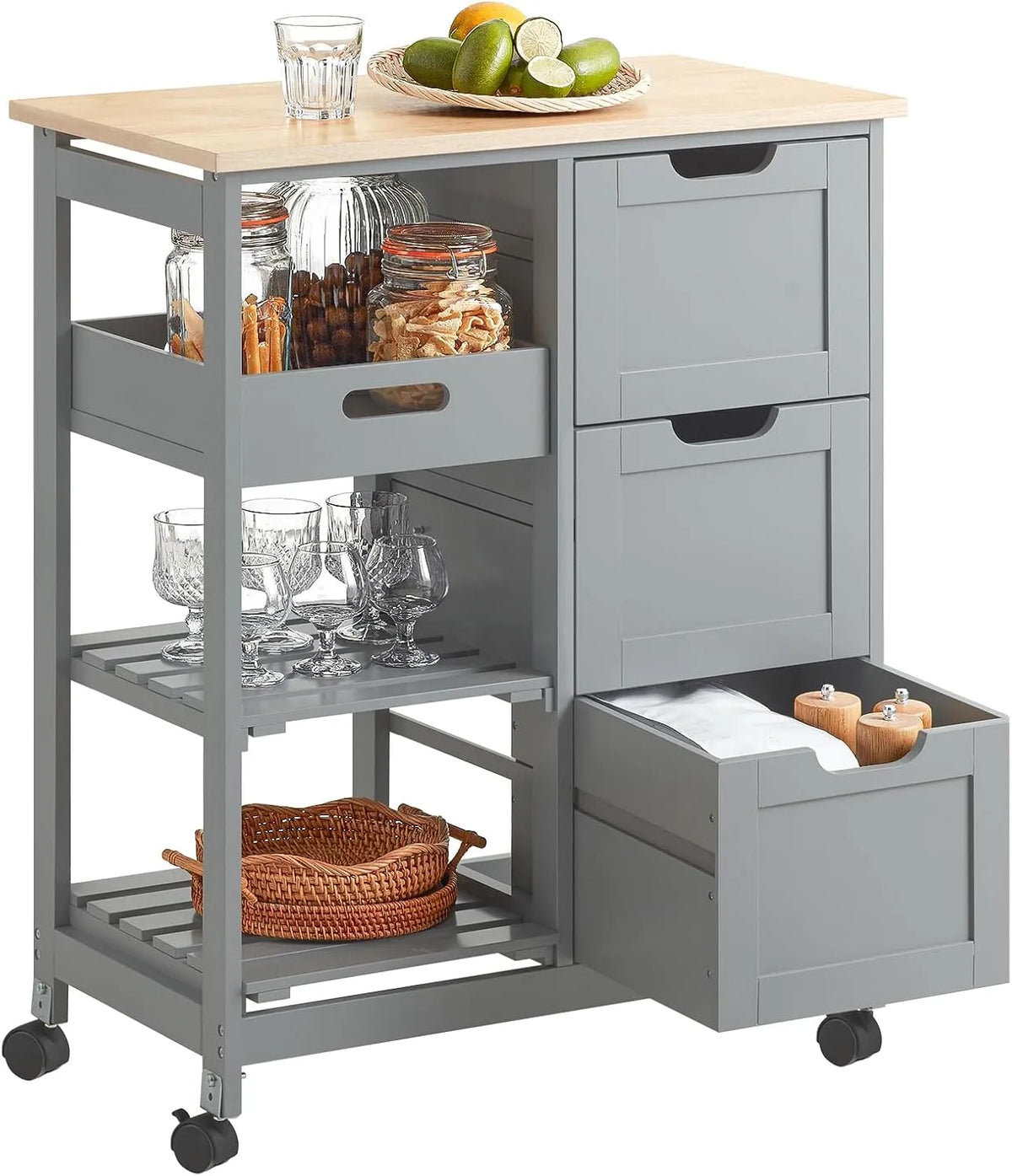 SoBuy Carrello Cucina con 3 Cassetti e 1 Cestino: P38, L68, con cassetti, con ruote, grigio