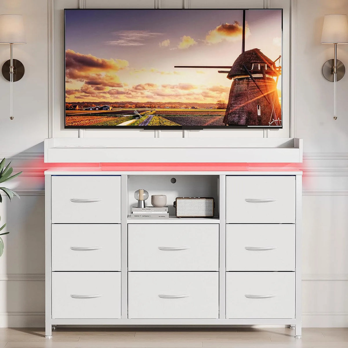 Cassettiera e mobile con cassetti a 8 cassetti con illuminazione a LED e multipresa — MDF, rivestimento in tessuto, con cassetti, display LED, bianco