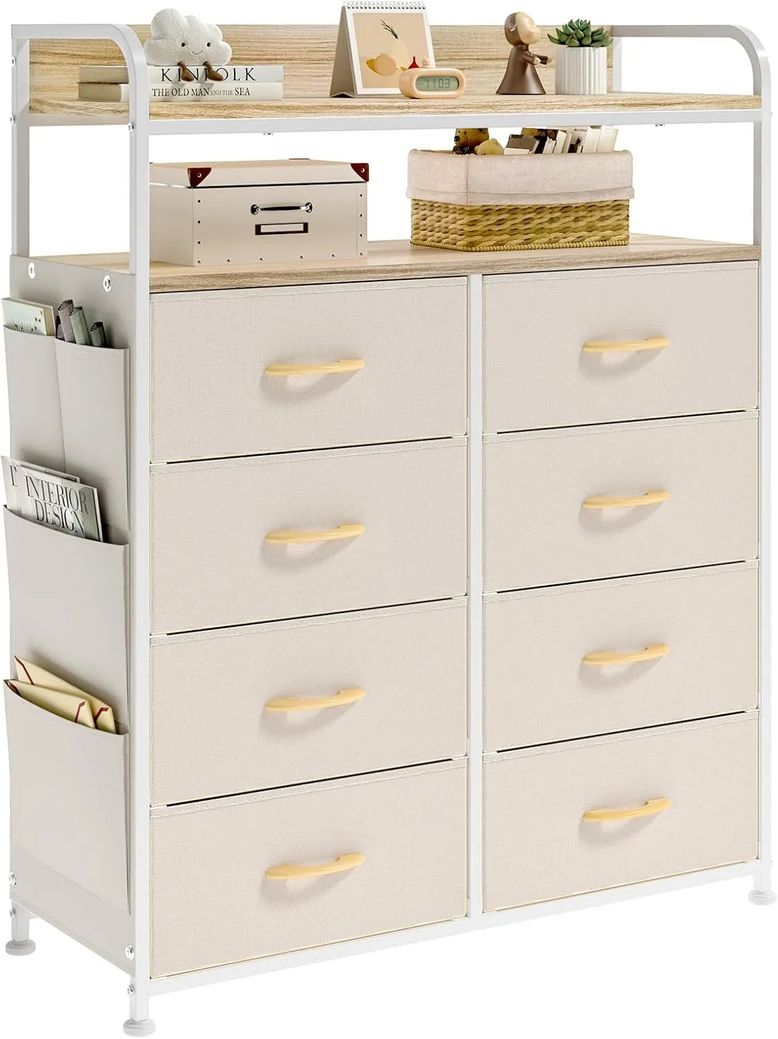 Cassettiera e mobile con cassetti in Tessuto — rivestimento in tessuto, in legno, con cassetti, 8 Cassetti, beige