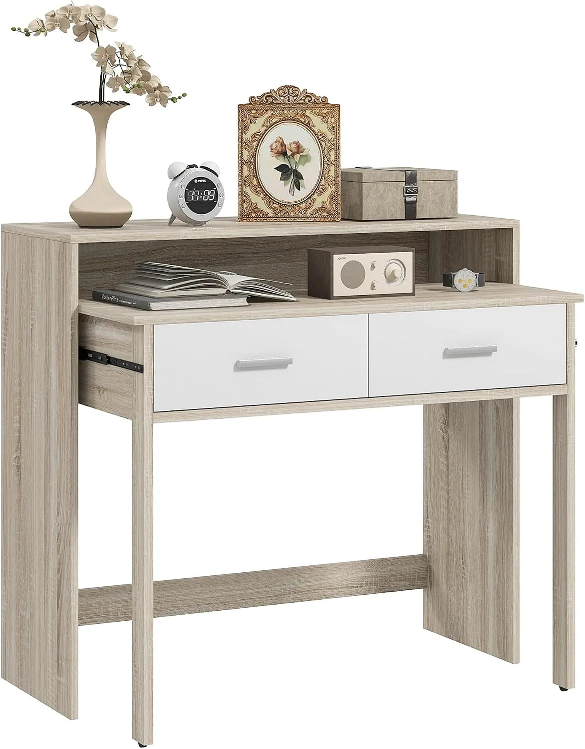HOMCOM Tavolo consolle allungabile – in legno, con cassetti, 2 Livelli, 2 Cassetti, 95 × 35 × 87cm, bianco