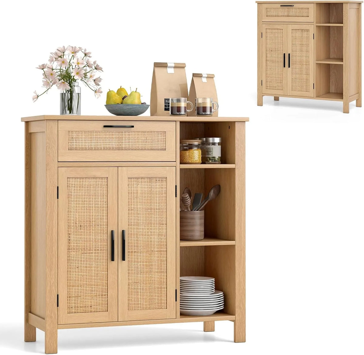 Credenza e mobile contenitore Cucina con 2 Ante in Rattan — in legno, in polyrattan, regolabile, 75 × 30 × 80cm, con cassetti