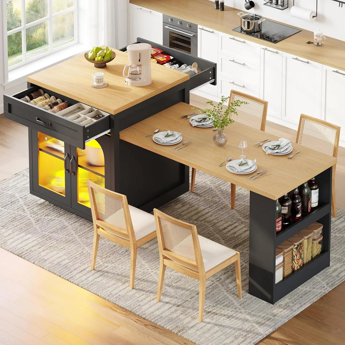 Isola Centrale Cucina Estensibile 126-196 cm: con cassetti, con ripiani, display LED, 2 ante, 2 cassetti, nero