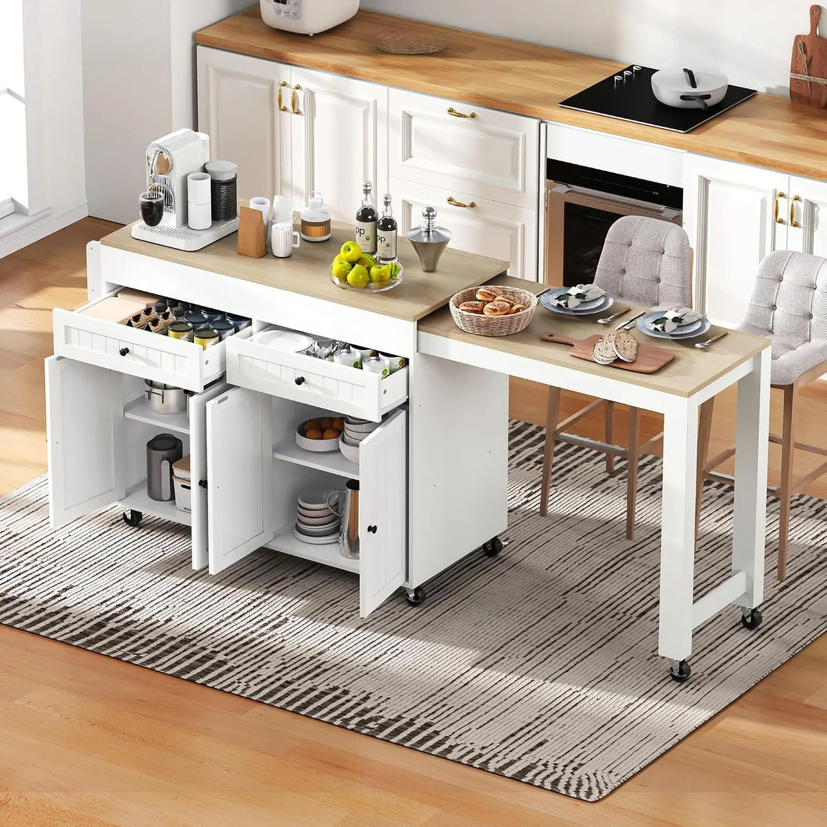 Isola da cucina su ruote con 2 cassetti – con cassetti, con ruote, 4 ante, allungabile