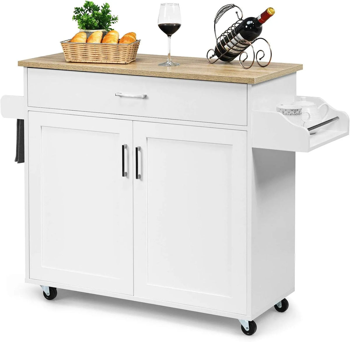 COSTWAY Carrello da Cucina con Ruote di Gomma: in legno, con ripiani, 116 × 37 × 85 cm, bianco