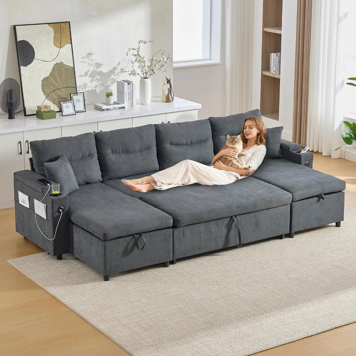 Divano letto e divano trasformabile – forma a U, in velluto a coste, con porta USB, 4 posti, grigio