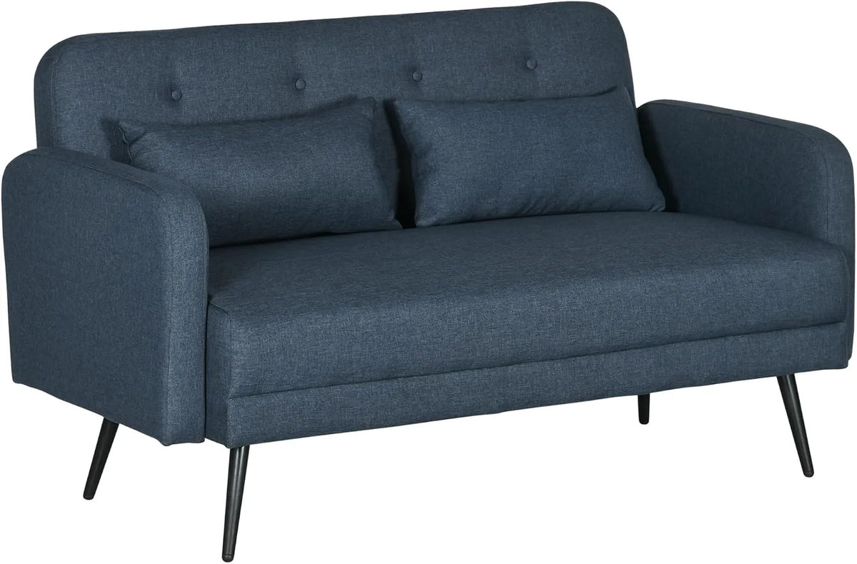 HOMCOM Divano: rivestimento in tessuto, in legno, in acciaio, con cuscini, 2 Posti, 135 × 74 × 82cm, blu