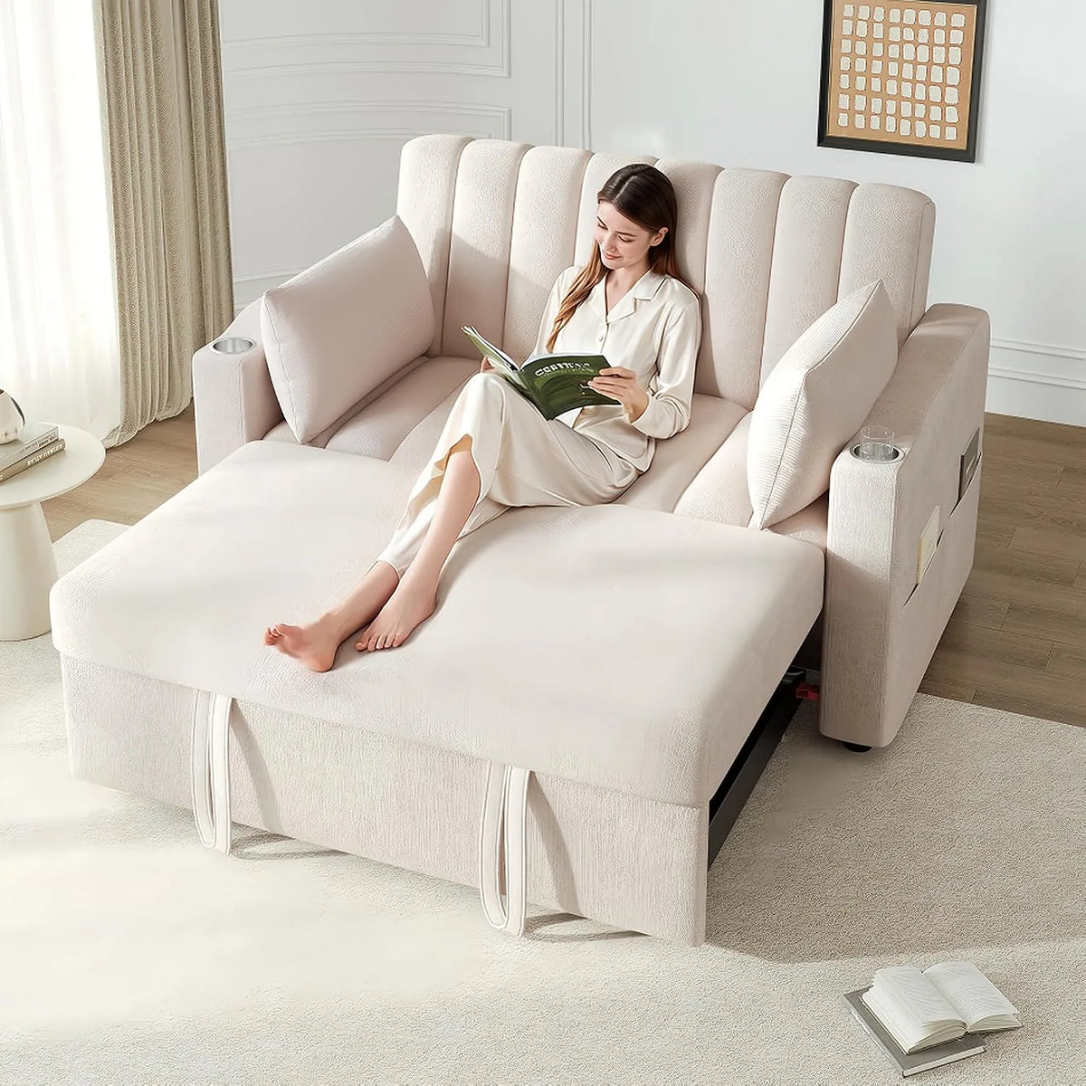 Divano letto e divano trasformabile — rivestimento in tessuto, formato compatto, con schienale, pieghevole, 2 posti, beige, allungabile