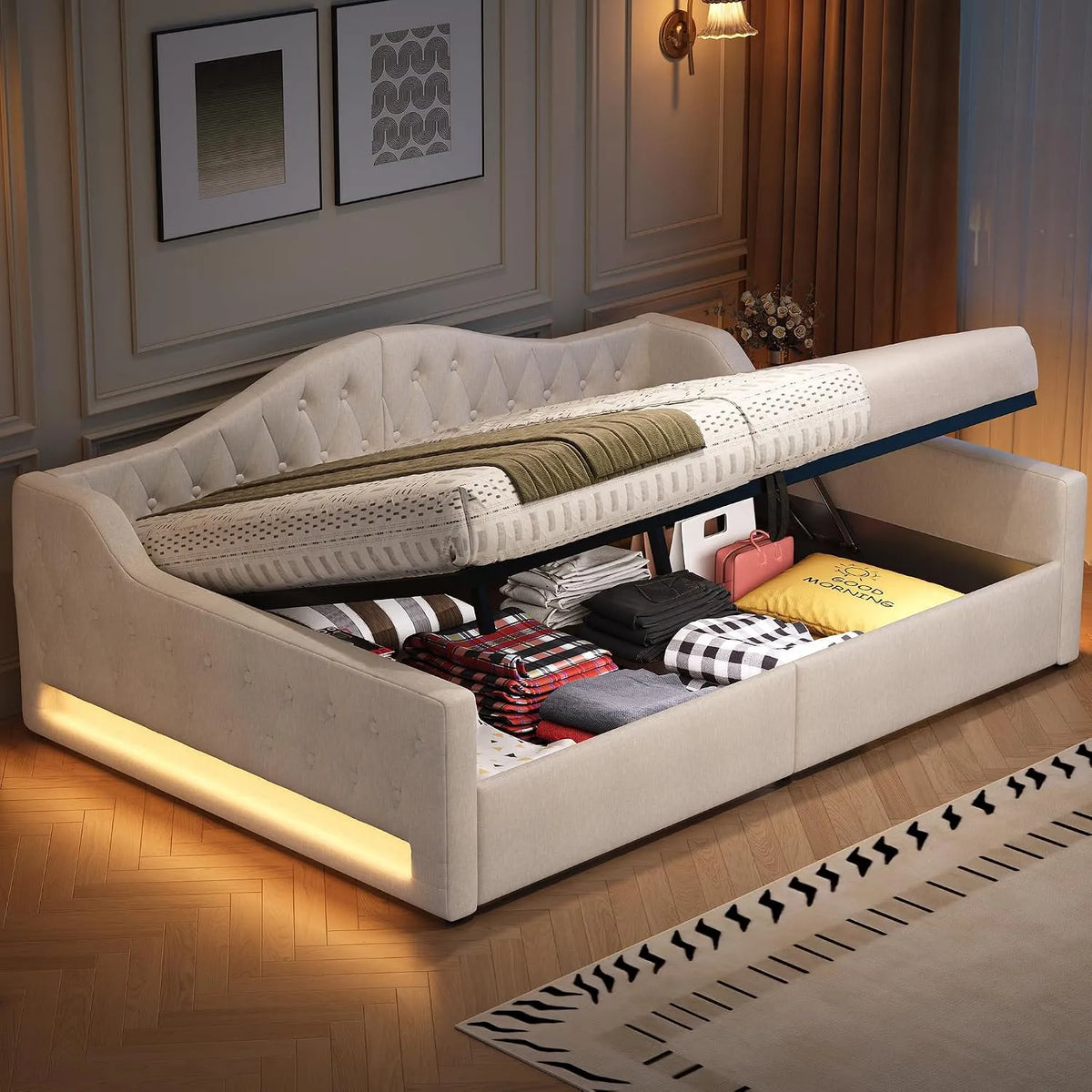 Letto imbottito e struttura letto rivestita: con contenitore, display LED, 140 × 200cm, beige