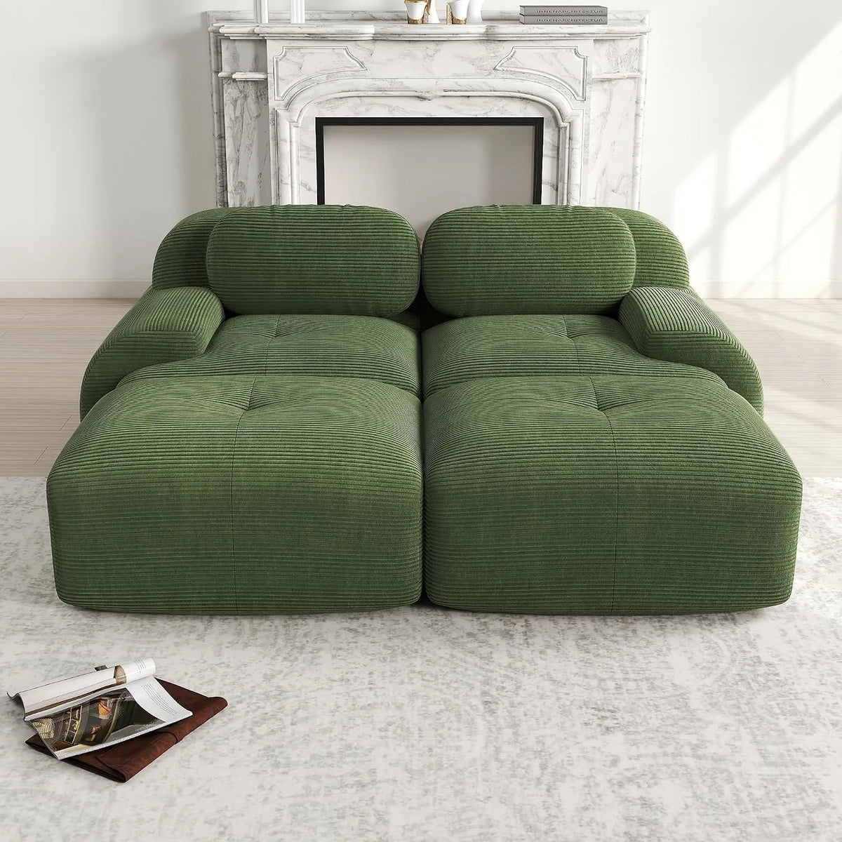 Divano modulare e composizione da soggiorno — Boneless, in velluto a coste, con scivolo, 2 posti, 208×178×75cm, verde