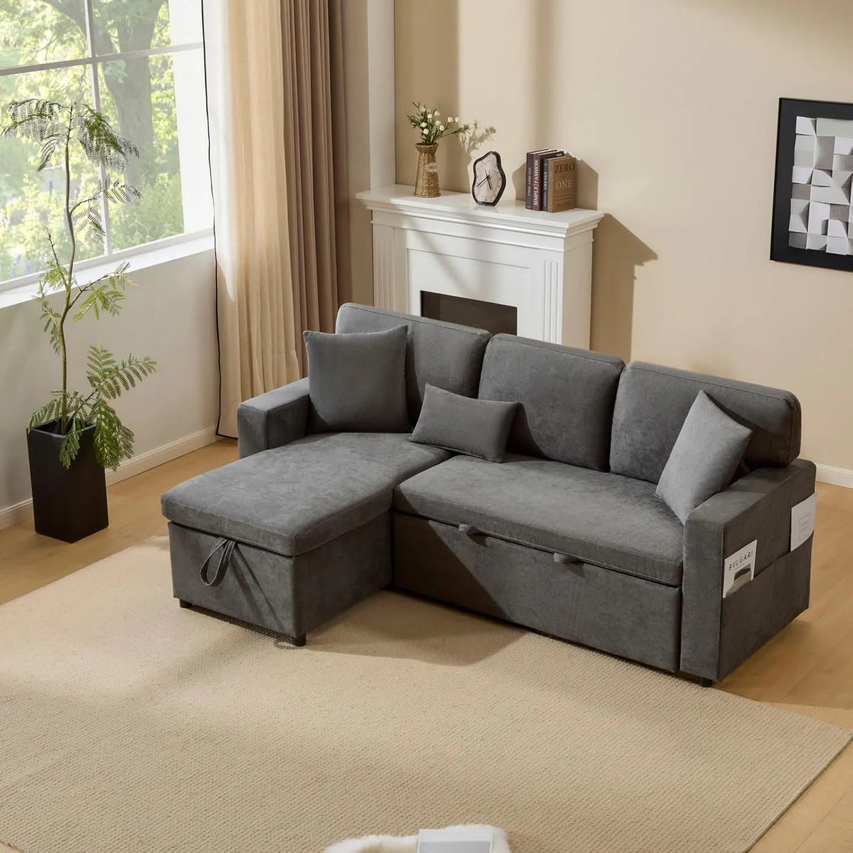 Divano letto e divano trasformabile — in tessuto Oxford, forma a L, rivestimento in tessuto, con contenitore, 3 posti, 214 × 131 × 87 cm, grigio