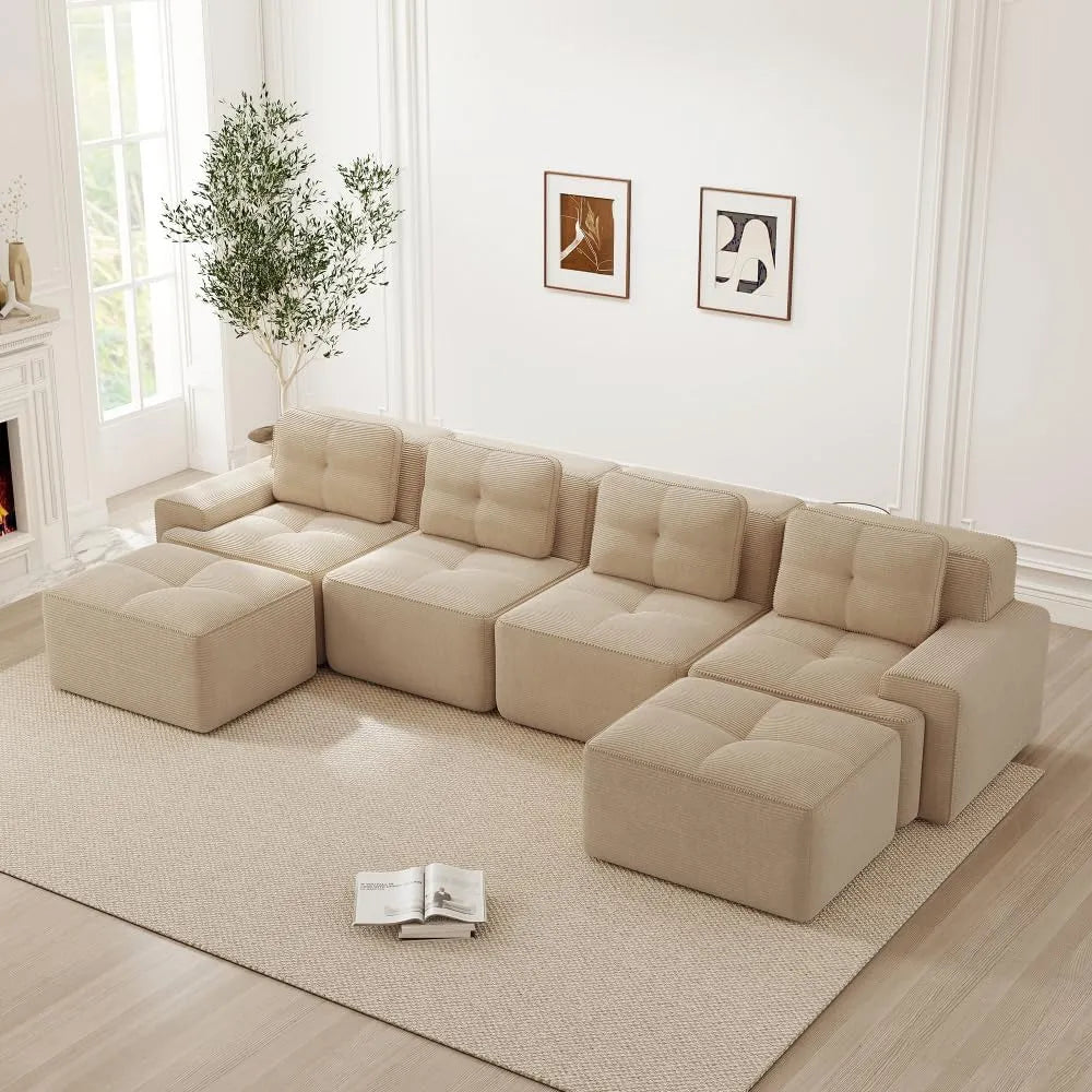 Divano angolare e divano a L – modulare, imbottitura in schiuma, con cuscini, 4 posti, beige, rivestimento in tessuto