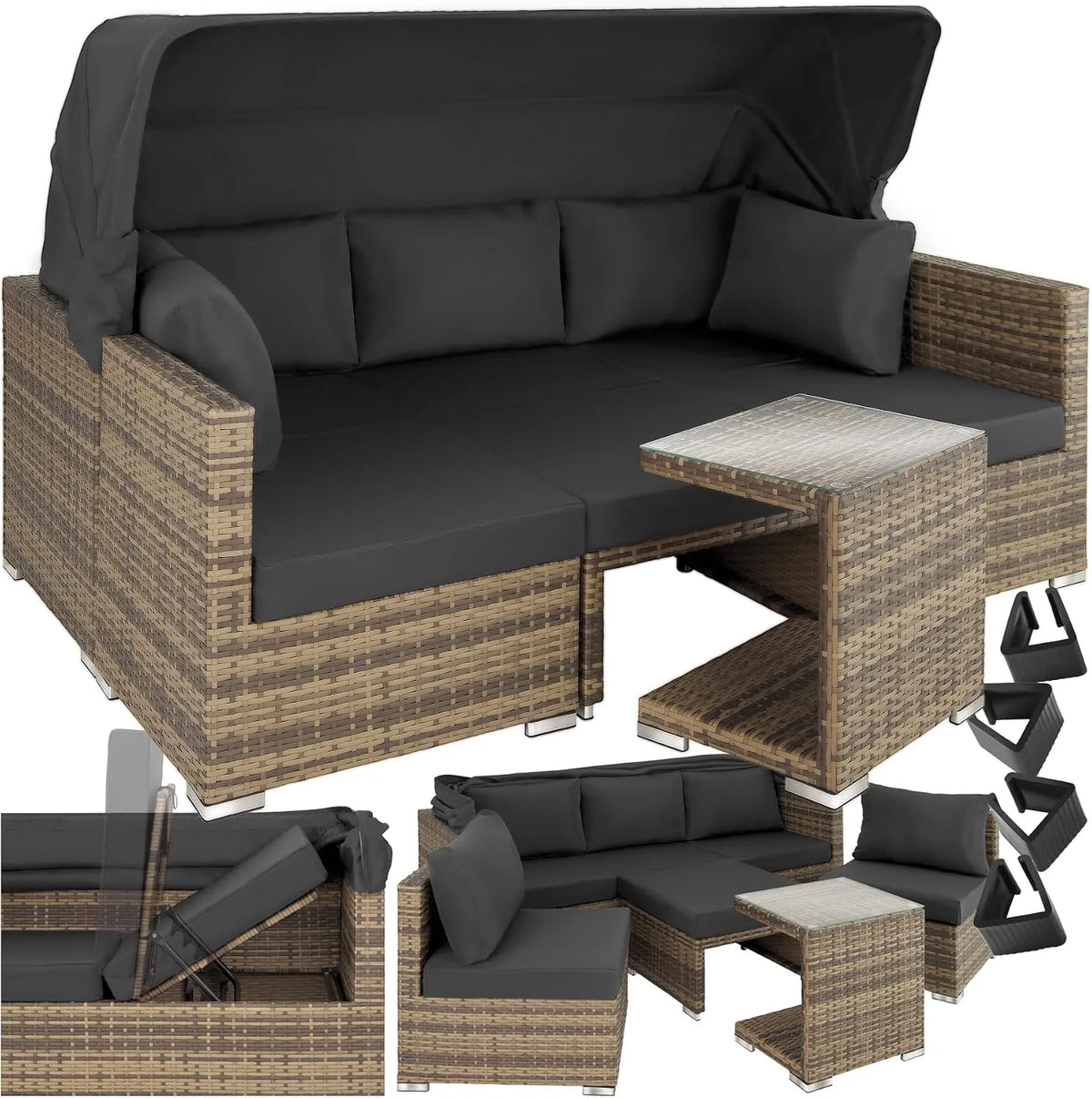 tectake Divano: Naturale, con schienale, con cuscini, in polyrattan, regolabile, rivestimento in tessuto