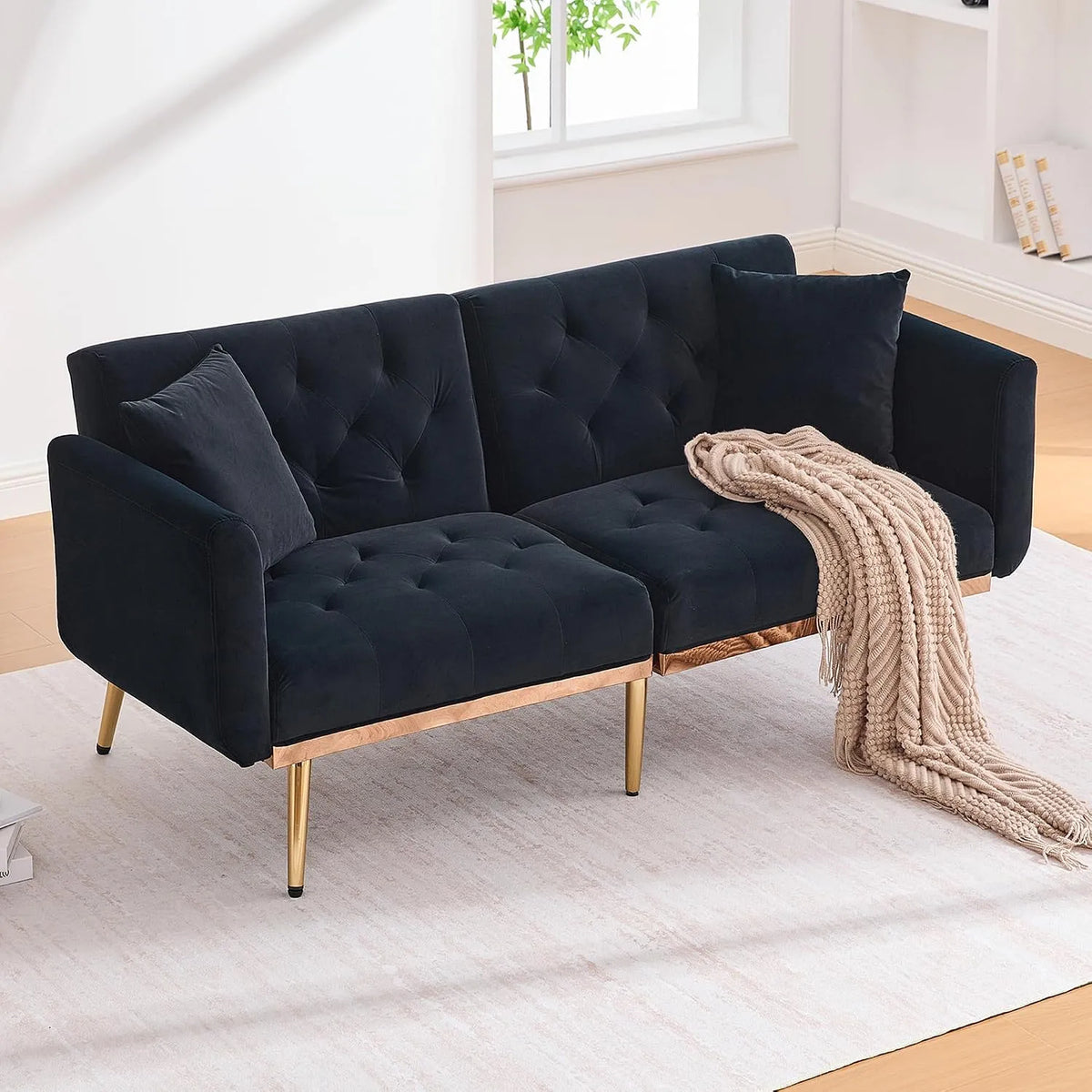 Divano letto e divano trasformabile — con schienale, regolabile, 2 posti, nero, in metallo, rivestimento in velluto