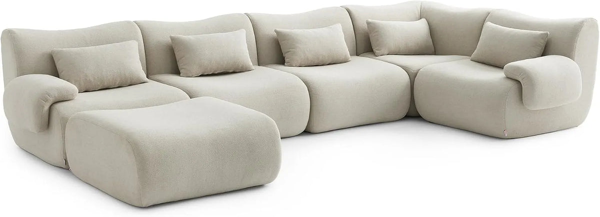 Divano modulare e composizione da soggiorno: rivestimento in tessuto, con cuscini, rivestimento bouclé, 5 posti, beige