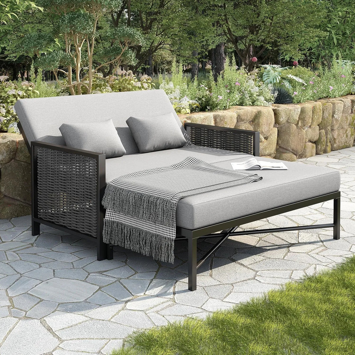 Divano da giardino e sofa lounge da esterno – in acciaio, con schienale, pieghevole, regolabile, rivestimento in tessuto