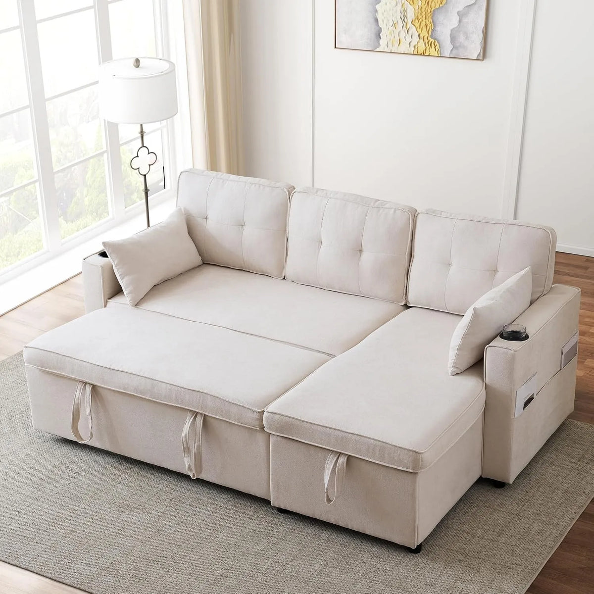 Divano angolare e divano a L: modulare, con funzione letto, 3 posti, beige
