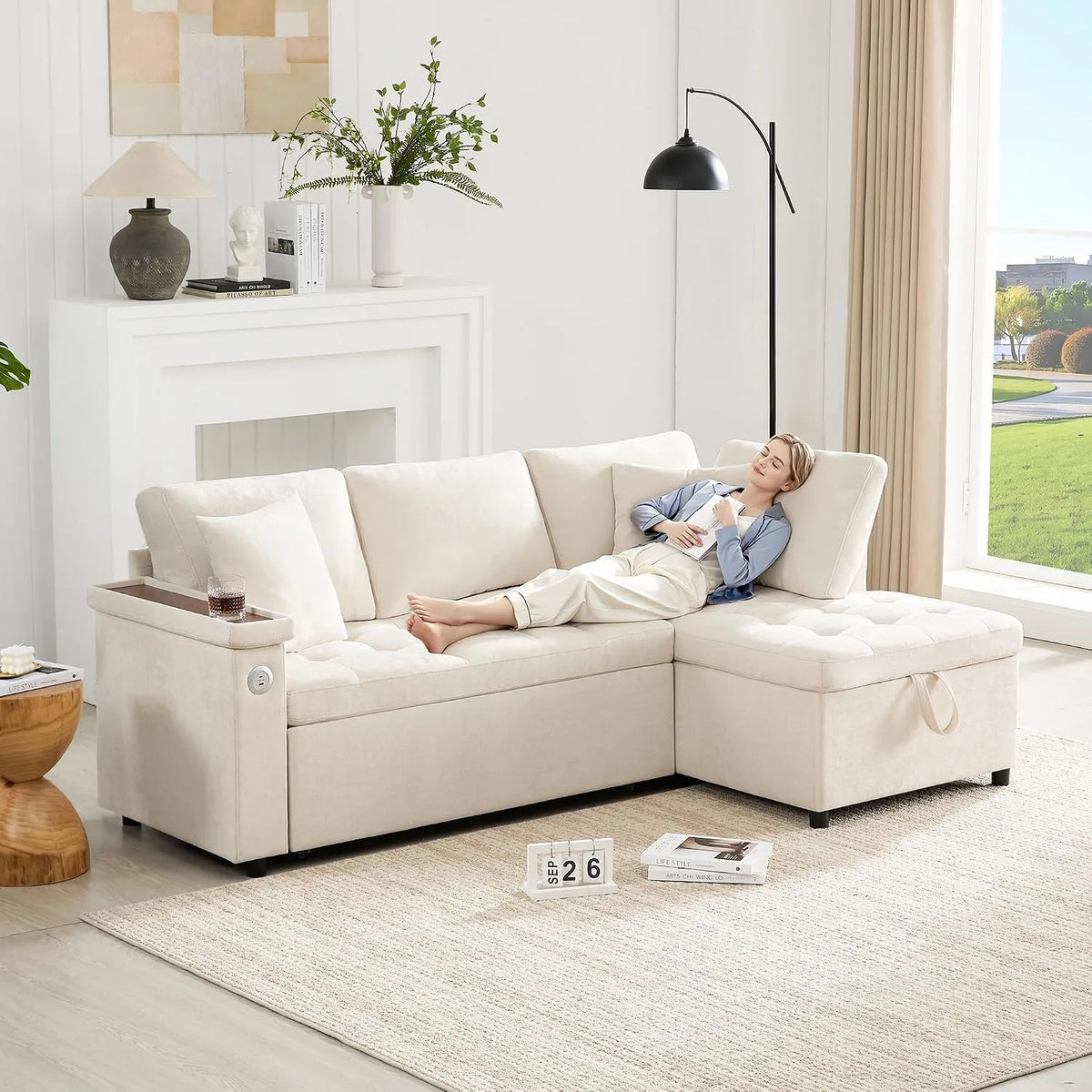 Divano angolare e divano a L — con contenitore, con funzione letto, con cuscini, con porta USB, 3 posti, beige