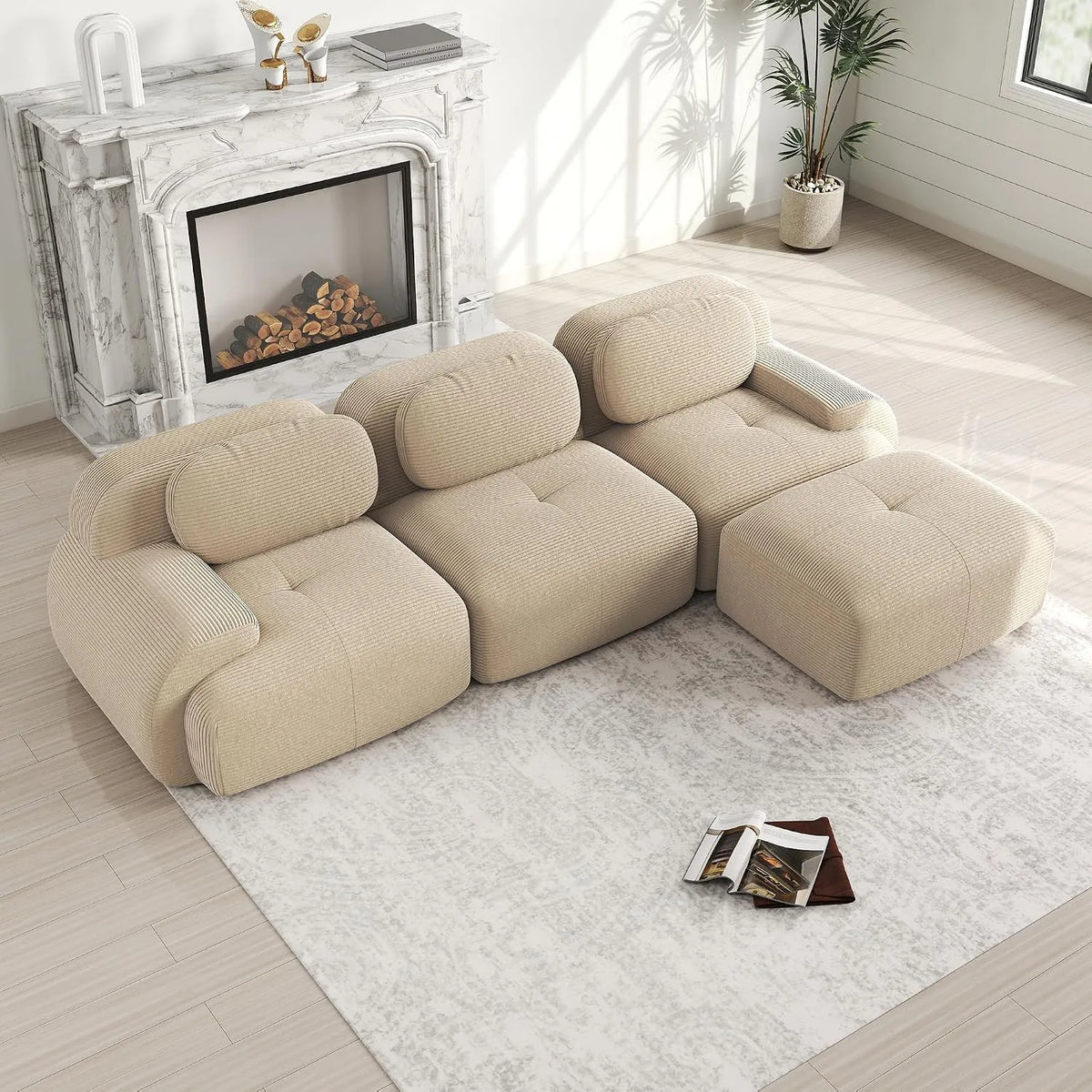 Divano — modulare, forma a L, in velluto a coste, 3 posti, beige