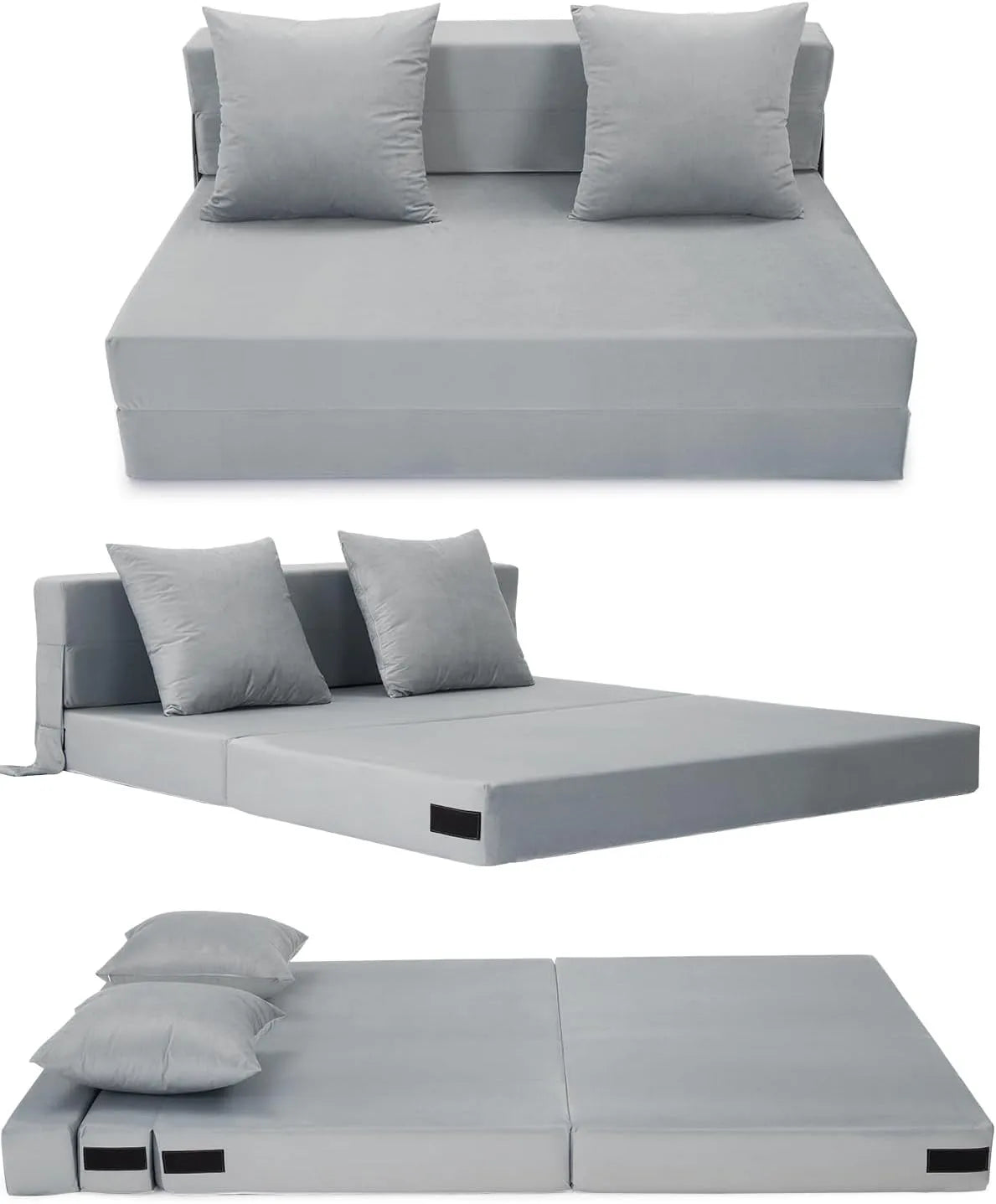 Divano letto e divano trasformabile — rivestimento in tessuto, con cuscini, pieghevole, 140 × 200 cm, grigio, rivestimento in velluto