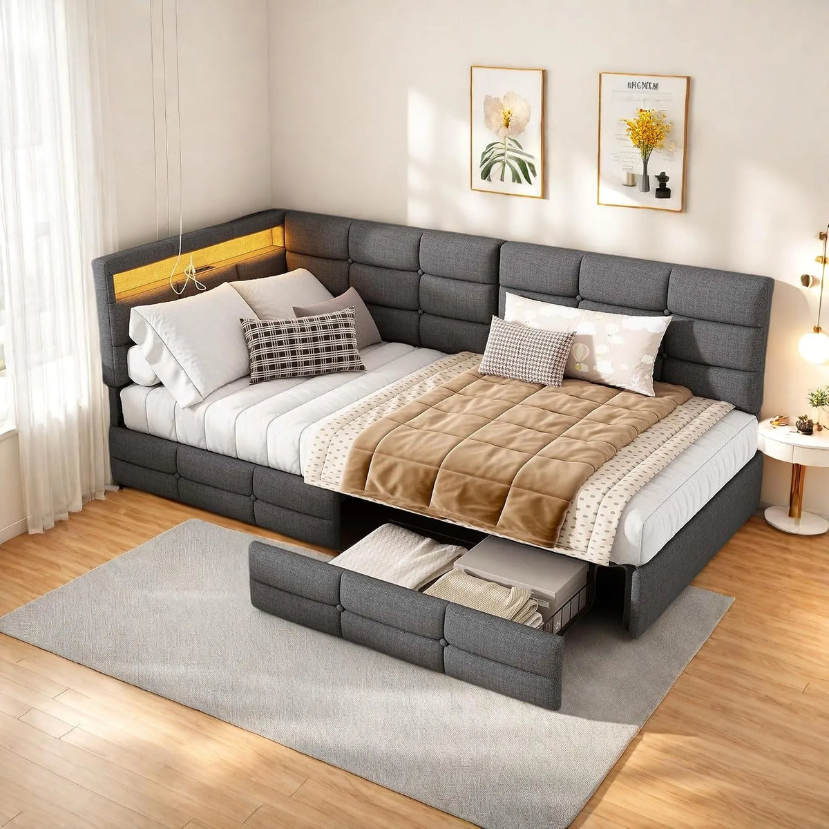 Letto Singolo 90x200 cm con Presa USB e LED – con cassetti, con porta USB, display LED, 90 × 200 cm, grigio