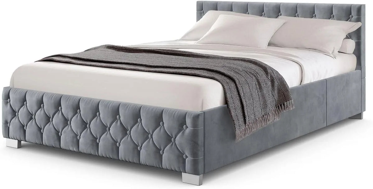 Letto imbottito e struttura letto rivestita — con contenitore, display LED, 120 × 200 cm, grigio, rivestimento in velluto