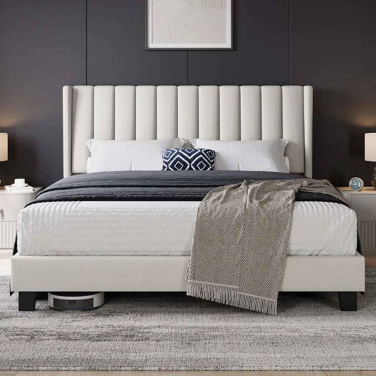 Letto imbottito e struttura letto rivestita — in legno, 160 × 200 cm, beige