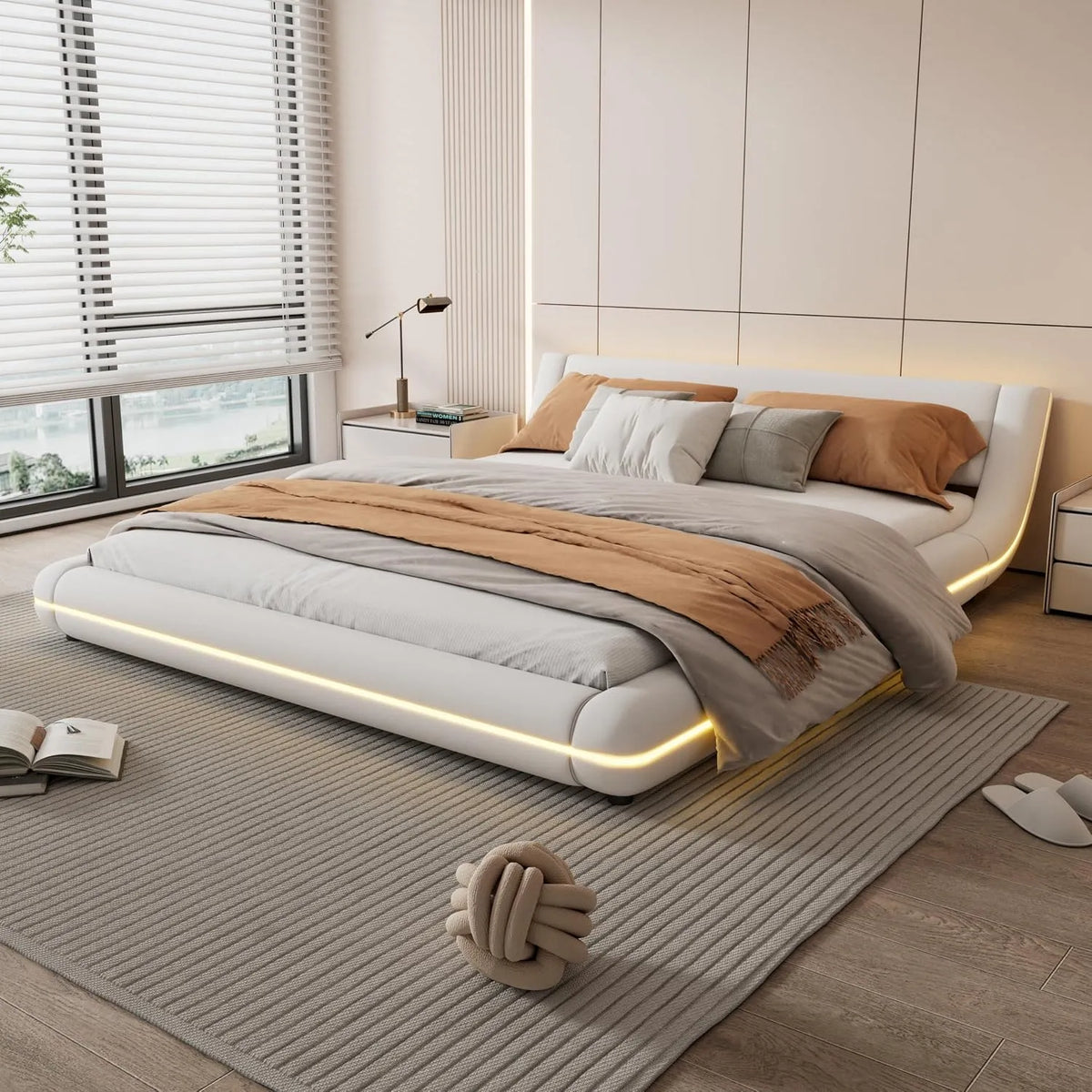 Letto imbottito e struttura letto rivestita: display LED, 160 × 200 cm, 160×200cm, bianco, rivestimento in pelle