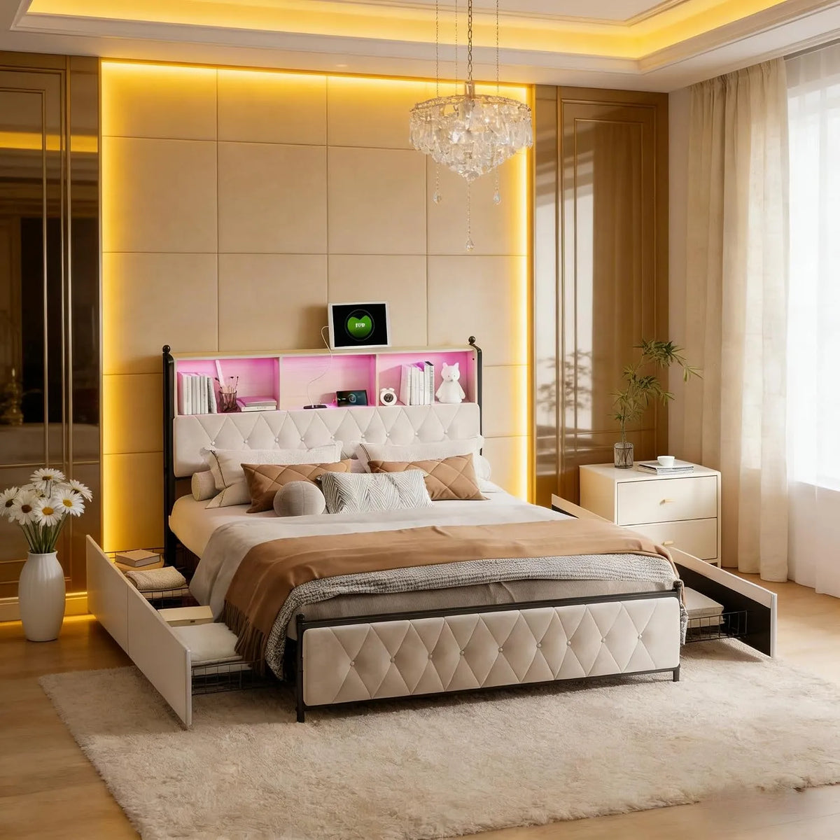 Letto Matrimoniale in Tessuto con Contenitore 160x200 cm: rivestimento in tessuto, con cassetti, con porta USB, 4 Cassetti, 160 × 200 cm, beige
