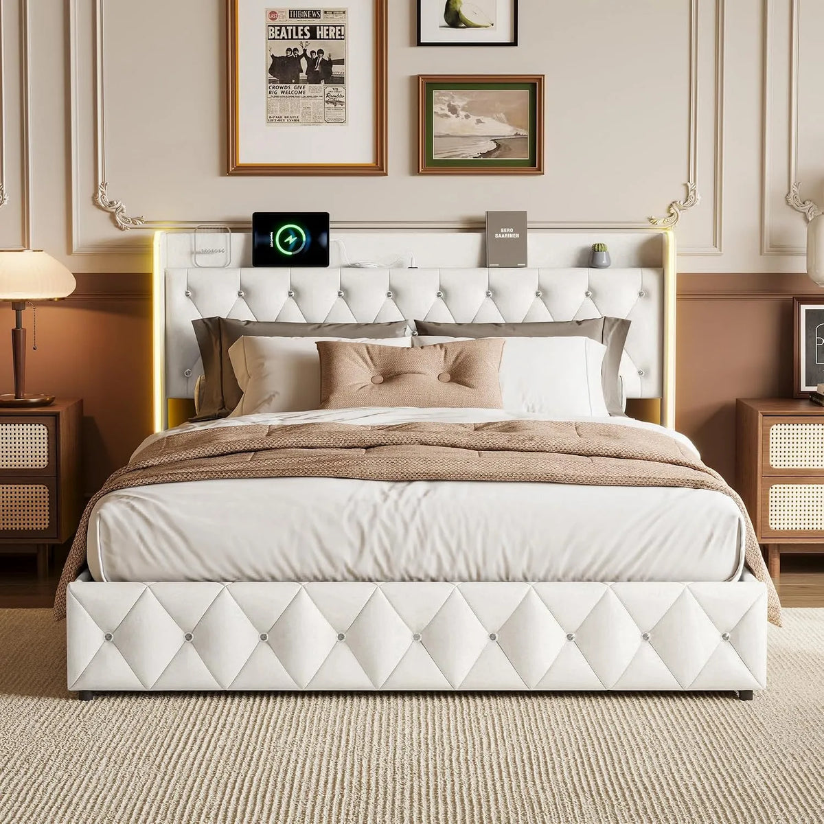 Letto contenitore 160x200 cm con luci LED e porte USB — con contenitore, con porta USB, display LED, 160 × 200 cm, beige, rivestimento in velluto