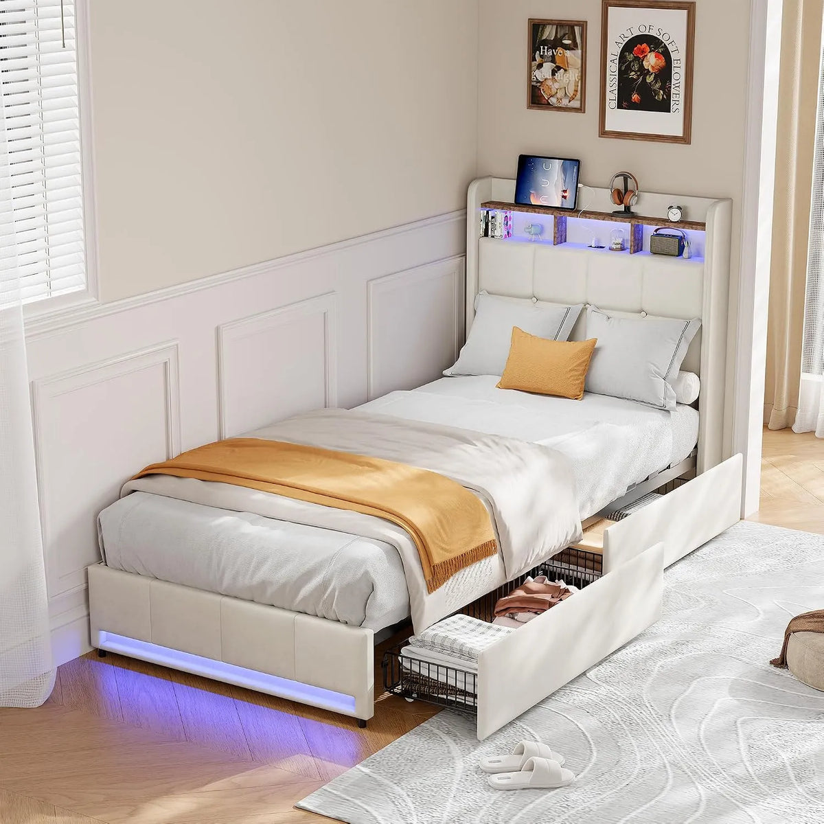 Letto imbottito e struttura letto rivestita – con cassetti, con porta USB, display LED, 2 cassetti, 90 × 200 cm, beige