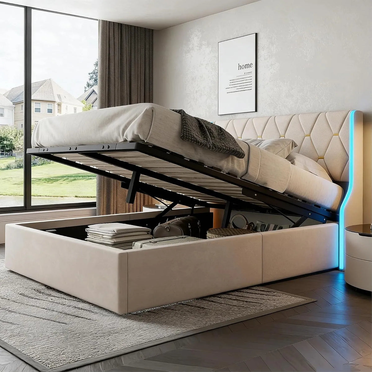 Letto imbottito e struttura letto rivestita – con contenitore, display LED, 160 × 200, 160 × 200 cm, beige, rivestimento in velluto