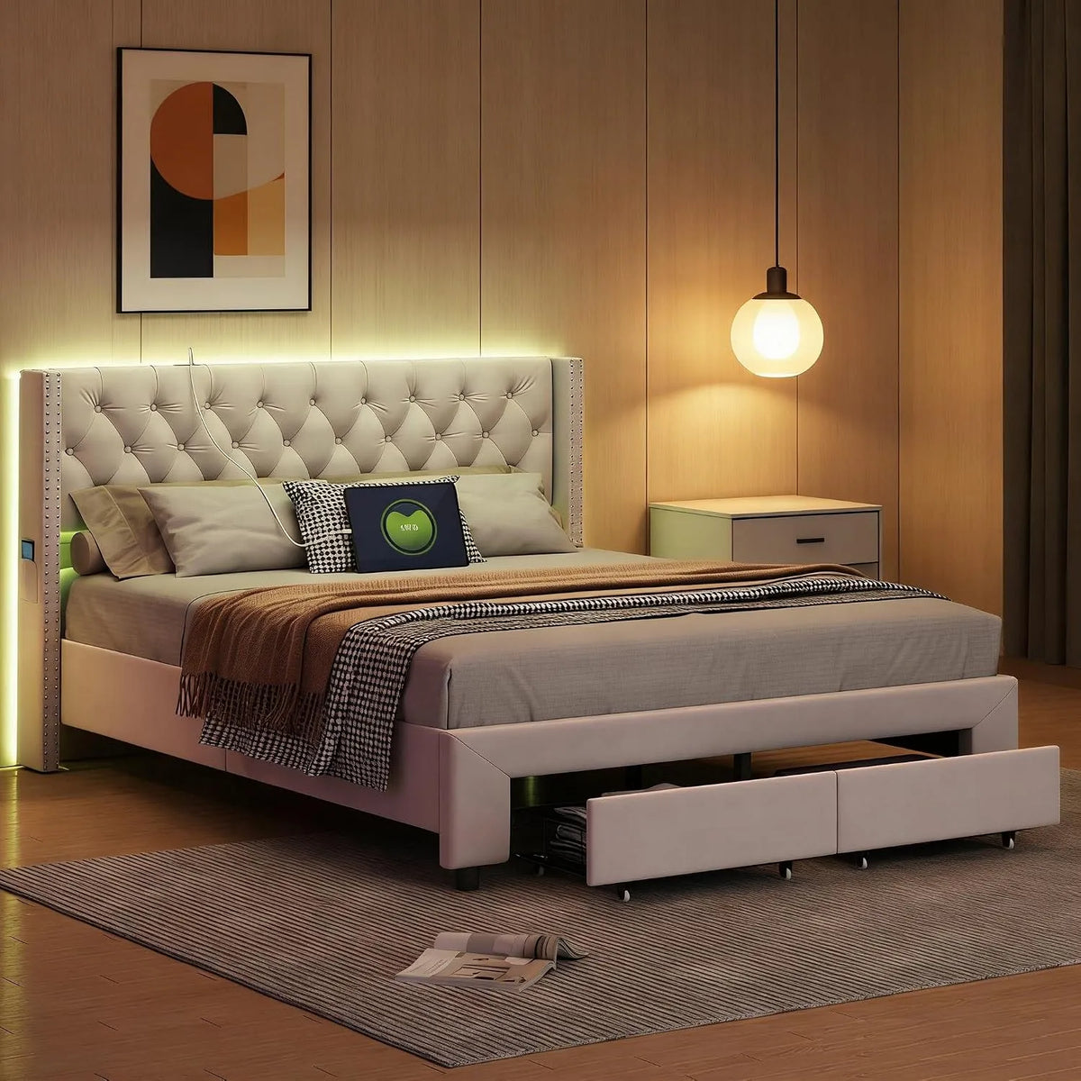 Letto matrimoniale imbottito 140 x 190 cm — con cassetti, con porta USB, display LED, 2 cassetti, 140 × 190 cm, beige, rivestimento in velluto