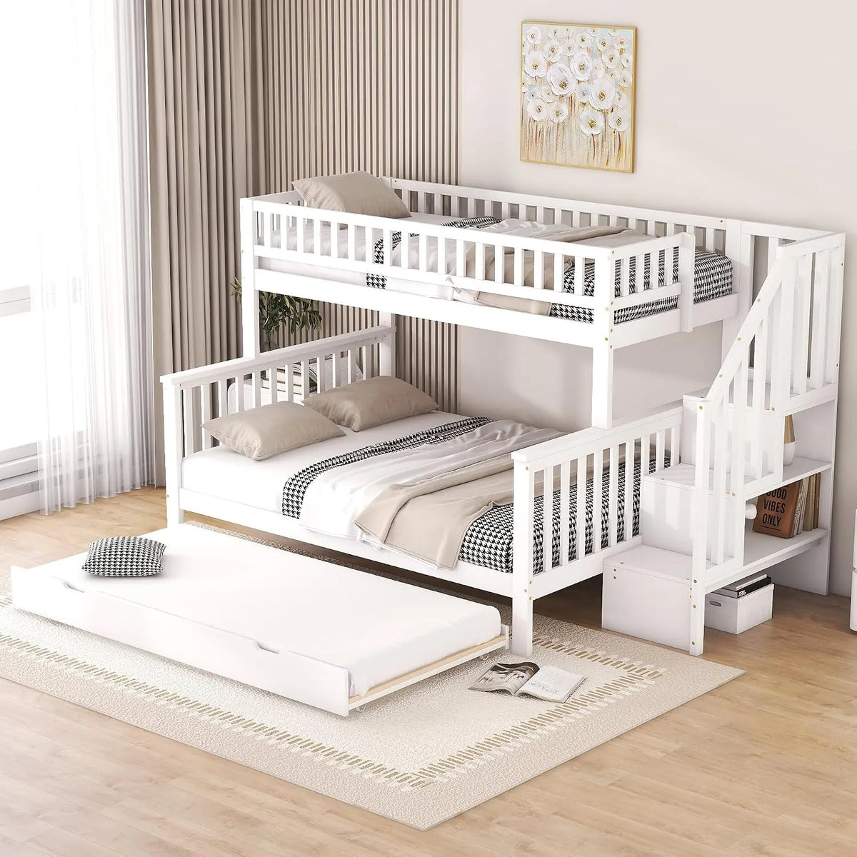 Letto a castello e letto salvaspazio — in legno, con ripiani, con scala, 90 × 200, 140 × 200 cm, bianco