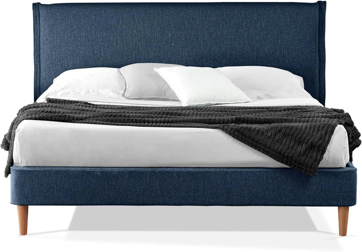 Letto Matrimoniale Francese in doghe in legno con Testata e — rivestimento in tessuto, 140 × 200, blu