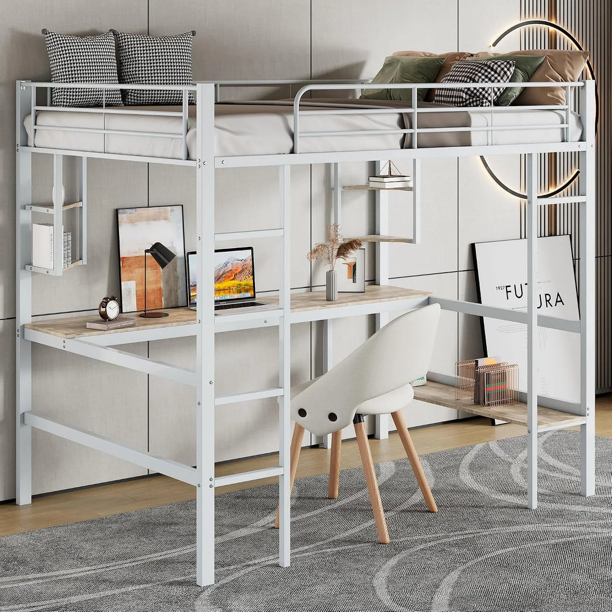 Letto a castello e letto salvaspazio – con scrivania, con protezione anticaduta, 90 × 200 cm, bianco, in metallo