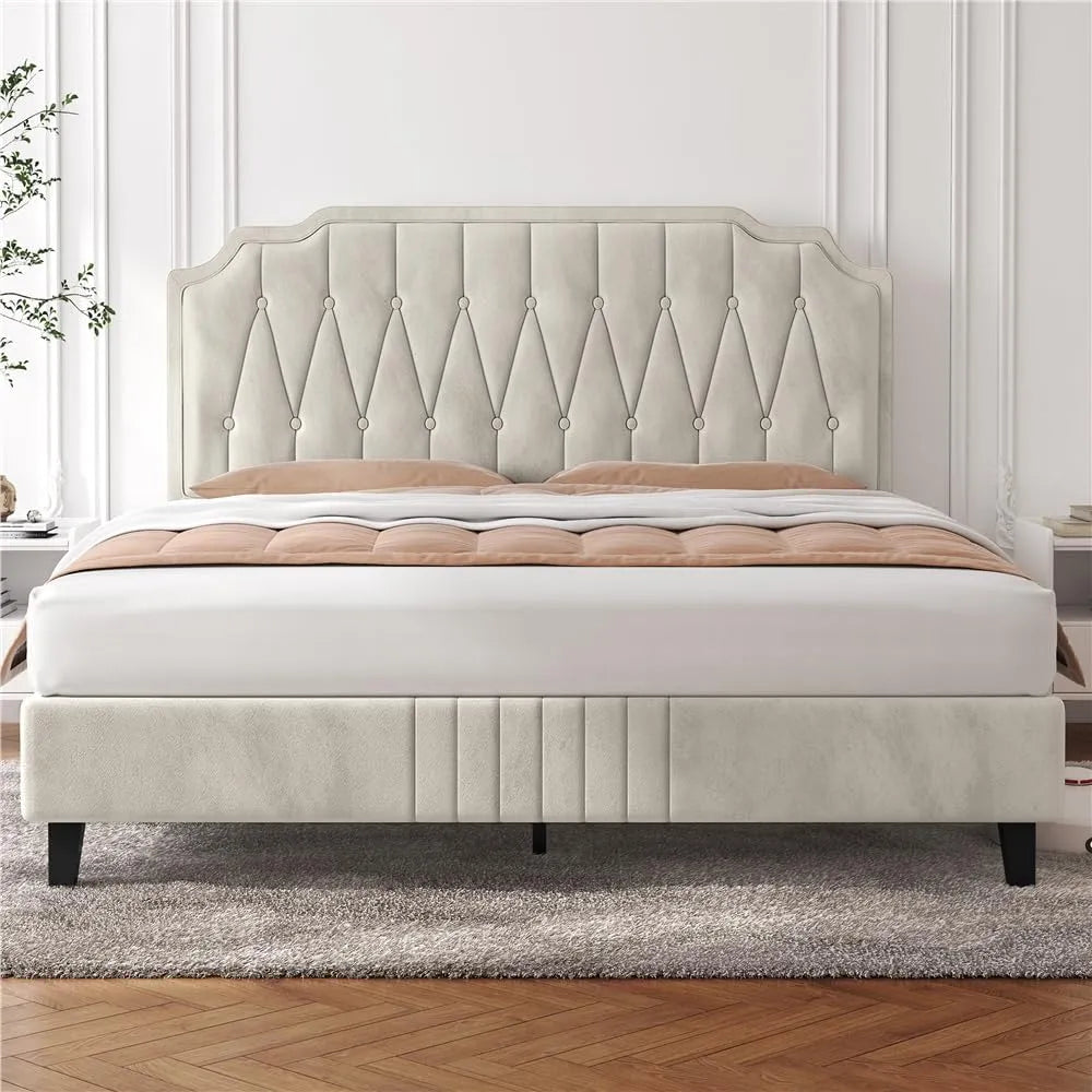 Yaheetech Letto con Testiera Imbottita 31 cm Altezza Regolabile 140 — in legno, 140 × 200 cm, beige, in metallo, rivestimento in tessuto