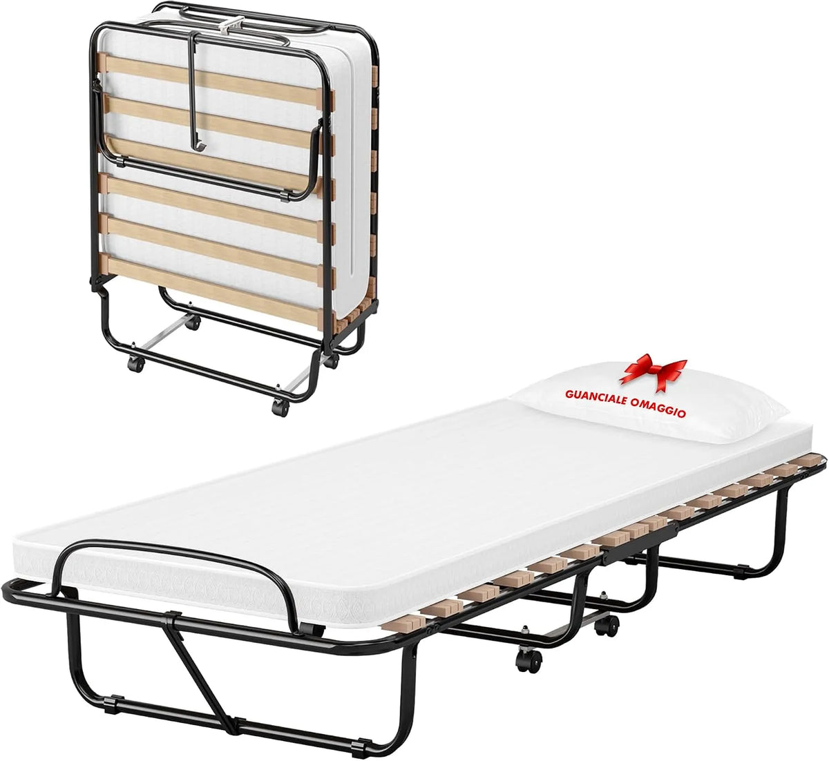 Brandina Pieghevole A Doghe Con Materasso Letto Ospiti Struttura Resistente – con ruote, 80 × 190 Cm