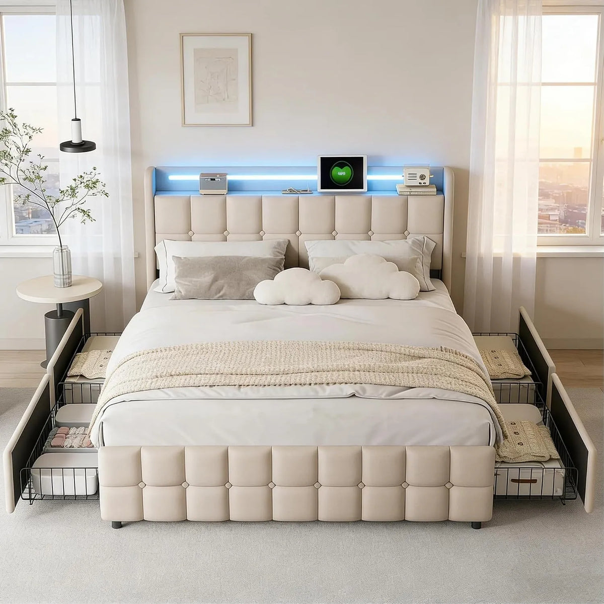 Letto imbottito e struttura letto rivestita — con contenitore, con cassetti, con porta USB, display LED, 4 cassetti, 180 × 200, 180 × 200 cm