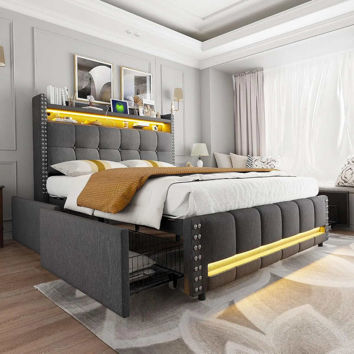 Letto imbottito e struttura letto rivestita: con cassetti, 160 × 200 cm, grigio, con illuminazione LED